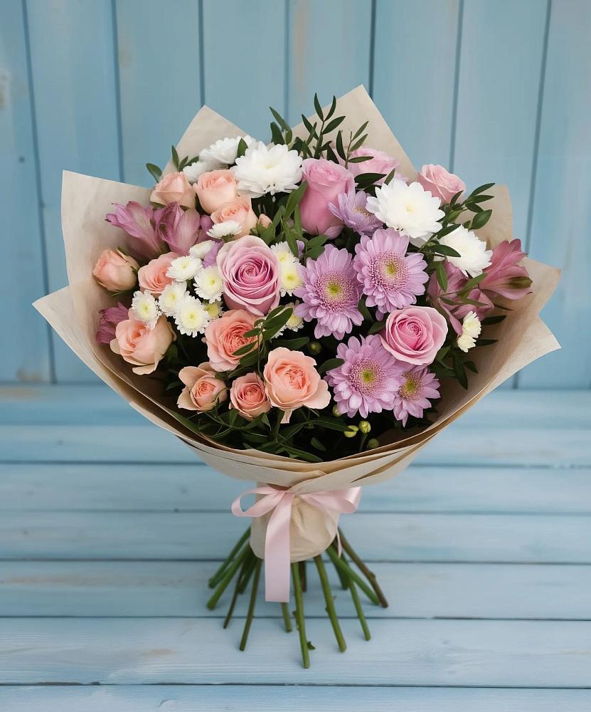 Букет цветов из: Хризантемы, Розы и Альстромерии в Лёвинцы
