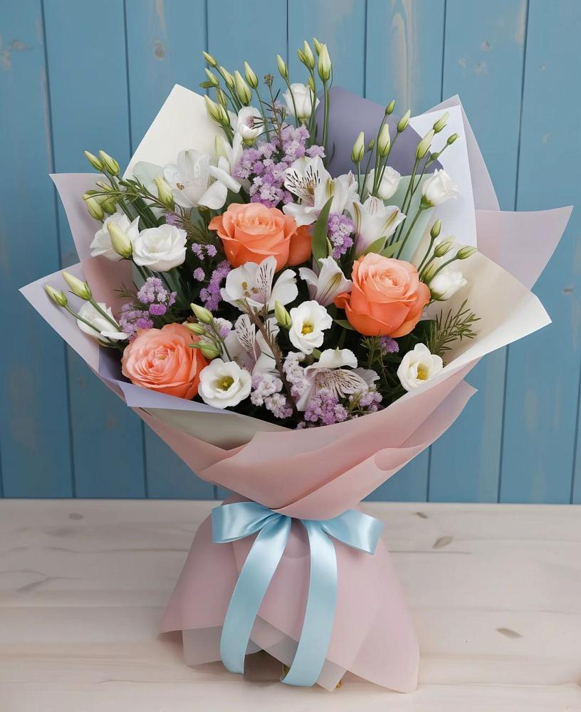 Букет цветов из: Лизиантусы, Розы, Альстромерии и Гипсофила в Лёвинцы