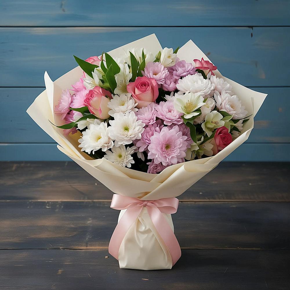 Букет цветов из: Хризантемы, Альстромерии и Розы в Лёвинцы